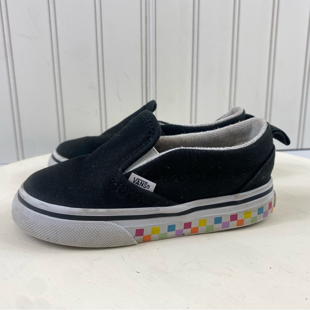Vans Toddler Black Slip On Checkerboard Rainbow Sneakers Sz 7 - Picture 5 of 11